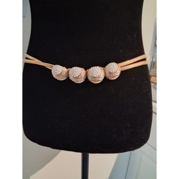 Judith Leiber Vintage Gold Double Snake Chain Belt Faux Pearl Crystal Baubles31" - Picture 1 of 8